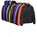 2025 Men's Brown Nylon Puffer Jacket Wholesale Stand Collar Winter Hooded Duck Feather Bubble Filled XS Size Spandex Material