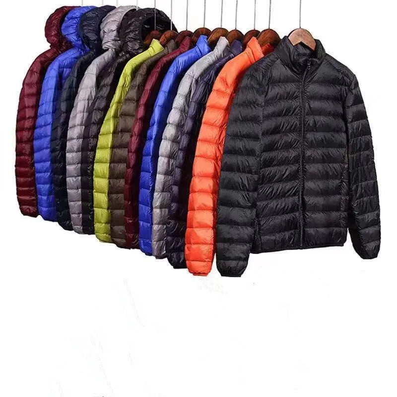 2025 Men's Brown Nylon Puffer Jacket Wholesale Stand Collar Winter Hooded Duck Feather Bubble Filled XS Size Spandex Material