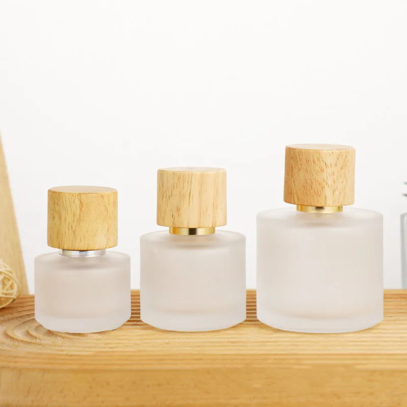 Custom LOGO Travel Sample Portable Wood Grain Cover  Frosted 30ml Empty Perfume Glass Bottle