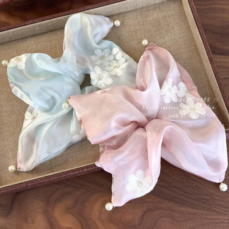 Cream Silk Flower and Pearl Embroidery Hair Ties Large Hair Bracelets Scrunchies for Girls