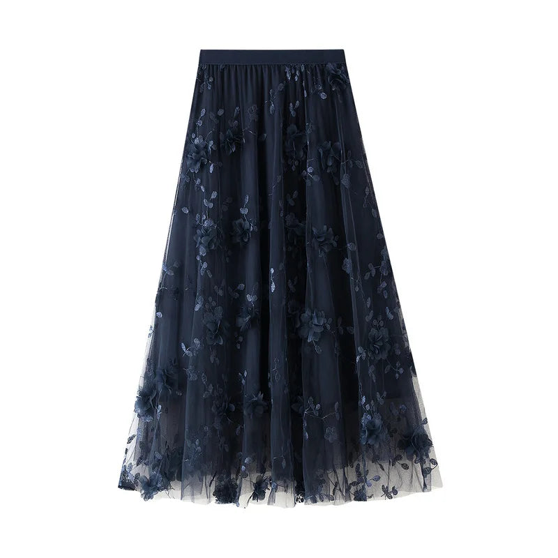 Women Skirts 2022 Korean Style Fashion Elastic Waist Appliques Embroidery Floral Mesh Skirt Long Gauze Tulle Skirt Women