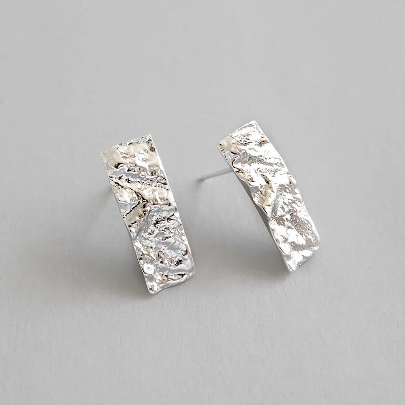 Wholesale 925 Sterling Silver Irregular Hammered Rectangle Shape Stud Earrings Fine Jewelry Gifts