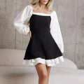 Enyami 2 Ways Collar Elegant Classic Black and White Patchwork Midi Casual Daily A-line Dress One Shoulder Ruffle Women Skirt
