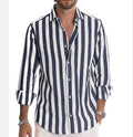 Men's Casual Long Sleeve Full Print Shirt Black White Stripe Men Shirt Loose Turn-down Collar Tops