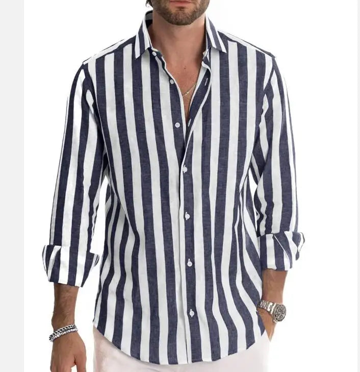 Men's Casual Long Sleeve Full Print Shirt Black White Stripe Men Shirt Loose Turn-down Collar Tops
