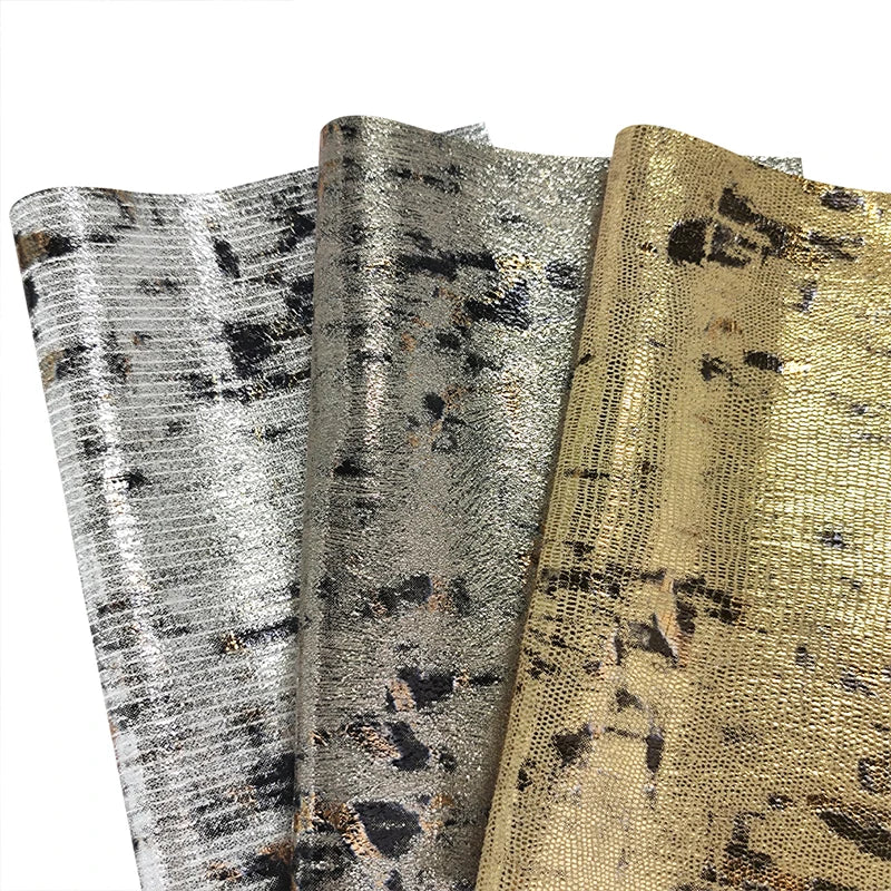 Wholesale 0.6-0.7MM Holographic Metallic Leopard Foiled Ink Embossing Faux Leather Fabric