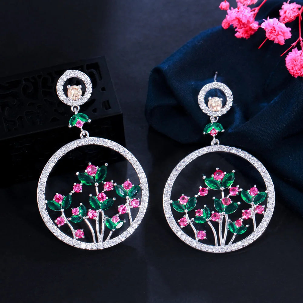 Creative Elegant Cubic Zircon Crystal Flowers Inside Long Big Circle Round Dangle Drop Earrings for Women Luxury Prom Jewelry