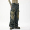 OEM Manufacturer Vintage Multi-pockets Streetwear Cargo Straight Wide Leg Designer Jeans Washed All Seasons Button Detail
