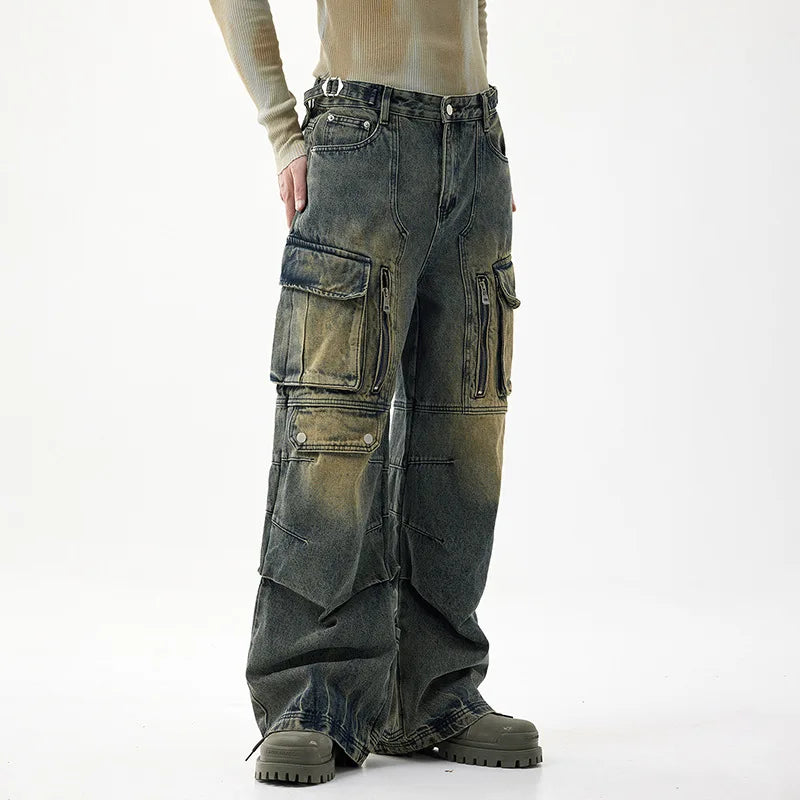 OEM Manufacturer Vintage Multi-pockets Streetwear Cargo Straight Wide Leg Designer Jeans Washed All Seasons Button Detail