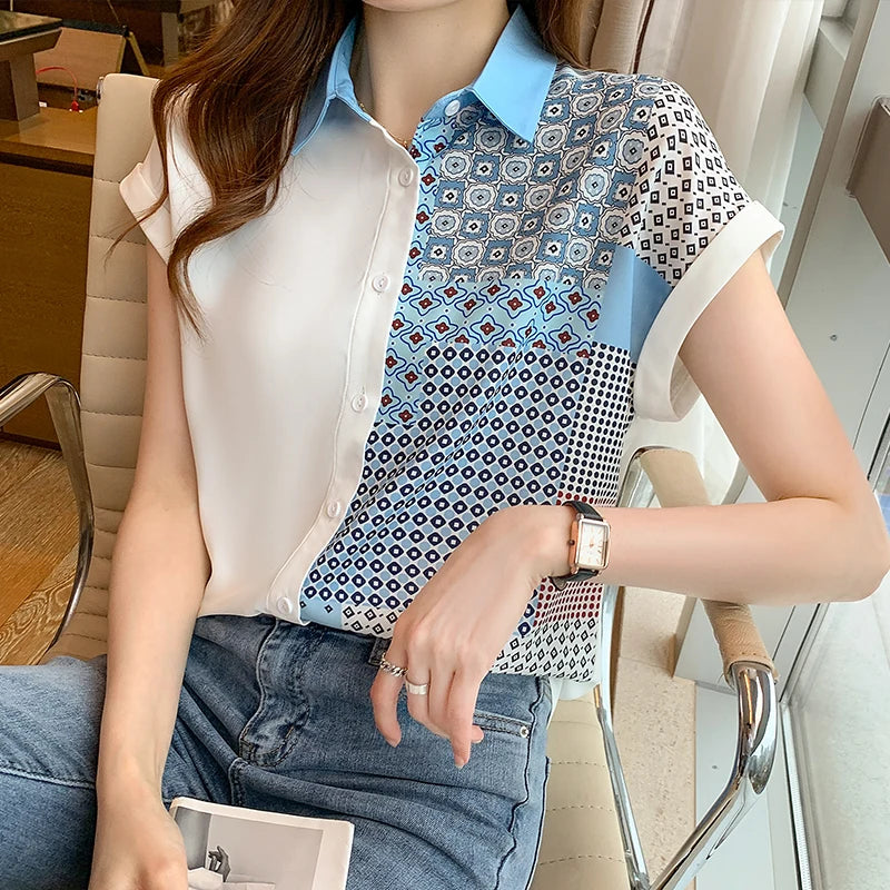 Wholesale Printed Chiffon Tops Women's Short-sleeved 2026 Summer New Korean Style Wild Fashion Casual Women's Blouses and Shirt