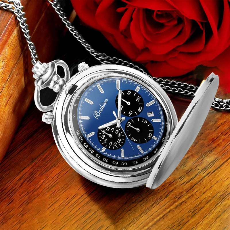 BOSHIYA 48MM Smooth case Japan Movt Quartz Calendar Six-pin Movement Quality Men Pocket Watch with Chain