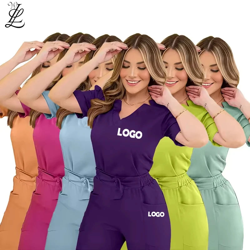 High Quality Custom LOGO Stretchy Spa Women Nursing Scrub Hair Salon Nurse Scrub Pet Hospital Jogger Set 2 Piece Uniforms Sets
