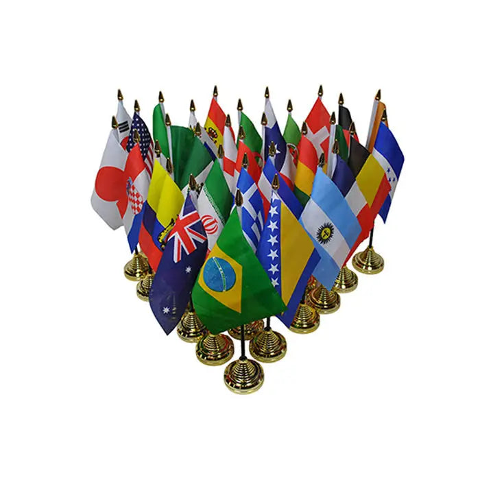 24 Countries Deluxe Desk Flags Set 3inch by 5inch  Miniature American US Desktop Flag with 13" Black Pole