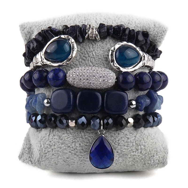 Wholesale Bohemia Women Jewelry 5pcs Cubic Zircon Square Natural Stone Crystal Glass Bracelet Alloy Bangle Stack Bracelet Set