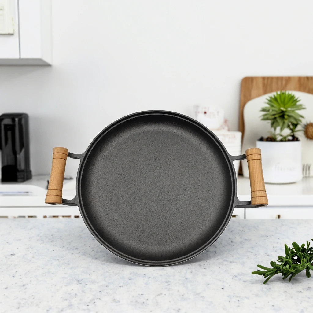 Factory Wholesale High Quality Cast Iron Pancake Skillet Double Ear Wooden Handle Pan