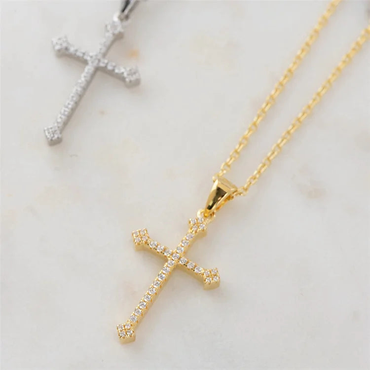 Wholesale Imitation Pearl Zircon Gold Plated Stainless Steel Crystal Cross Pendant Necklace Link for Anniversary Gift Party