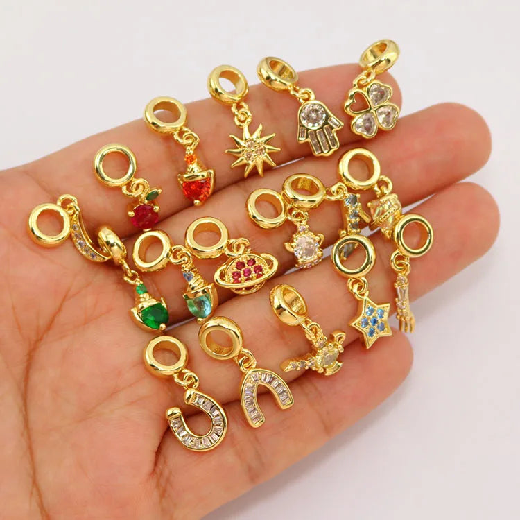 CZ8911  Dainty 18K Gold Plated Zircon CZ  Star Teapot Fork Star Horseshoe Planet Heels Dangle Charms for European Jewelry Making