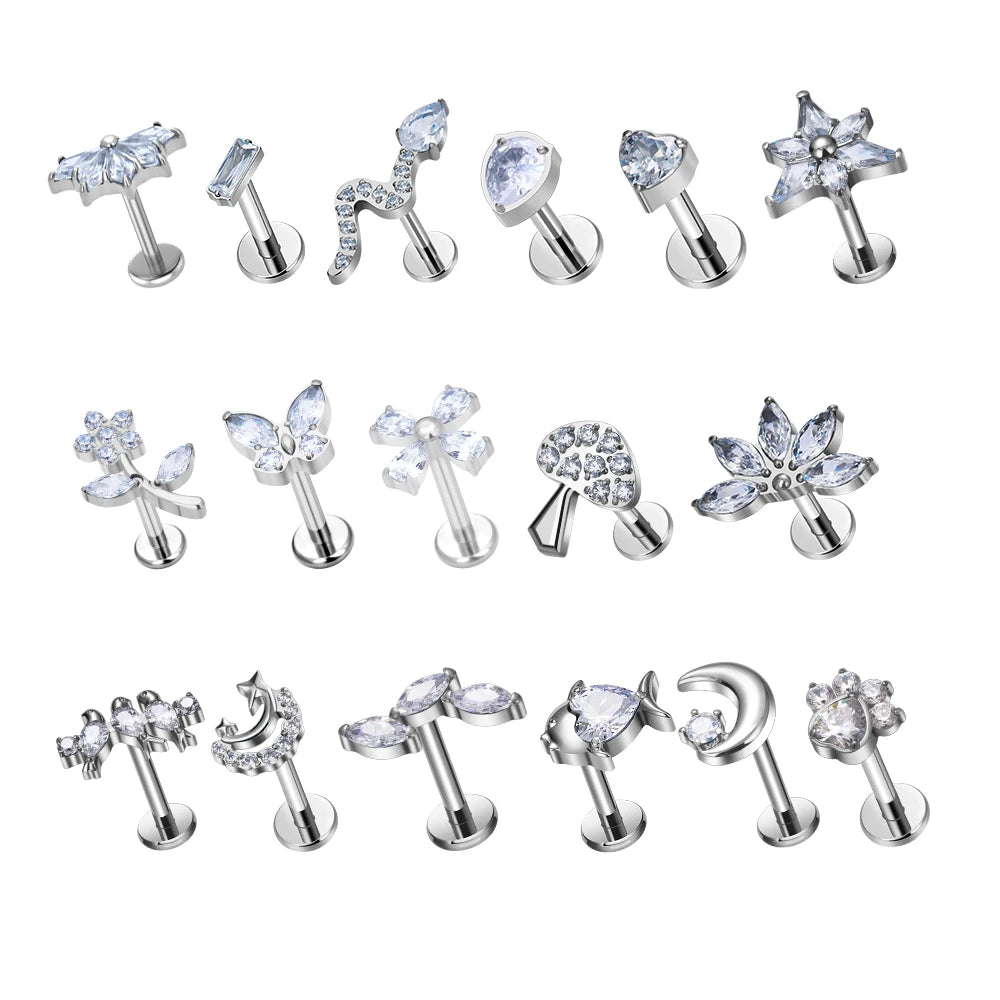 ASTM F136 Titanium Labret Stud Flat Back Piercing 16G Internal Thread Zircon Inlay Helix Tragus Silver Earrings Pierc Jewelry