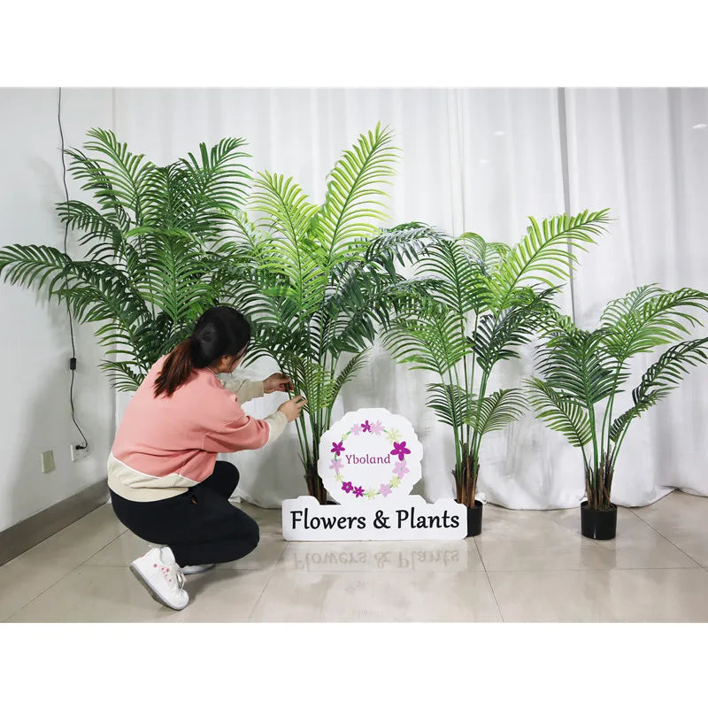 A-1289 Home Plastic Potted Fake Plam Tree PVC Fabric Tropical Artifical Plant Leaf Bonsai Artificial Palm Trees for Indoor Decor