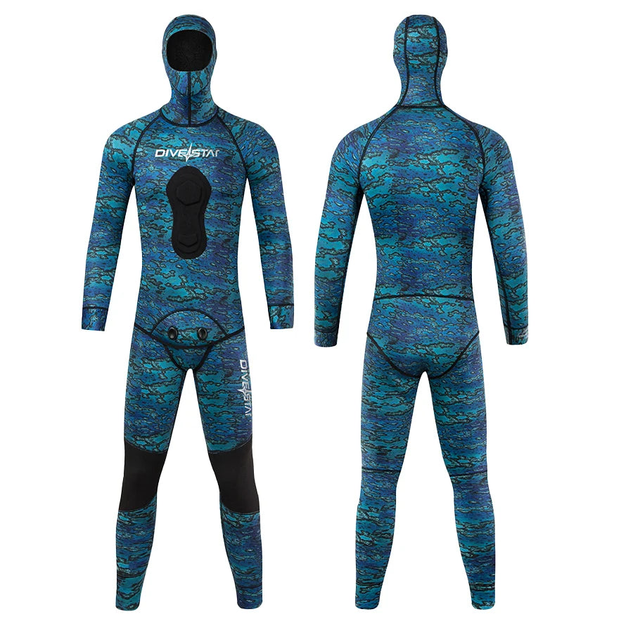 DIVESTAR Camo Spearfishing Wetsuits Men 3mm Neoprene 2 Pieces Hooded Long Sleeve Diving Suit Full Body Keep Warm Snorkeling Suit