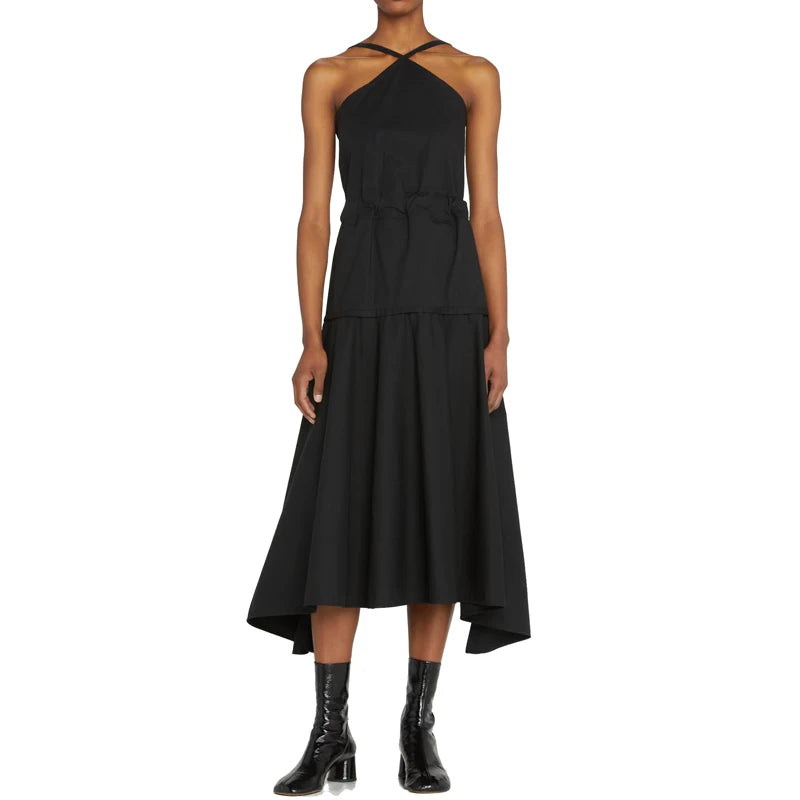 Custom 100%Cotton Casual Black Dress Sleeveless Halter A-Line Pleated Irregular Prom Maxi Dresses Women Dress Manufacturer