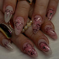 24 Pcs 3710 Elegant Pink and White Nail Tips with Hearts and Flowers Short Almond Press on Nails Artificial Fingernails