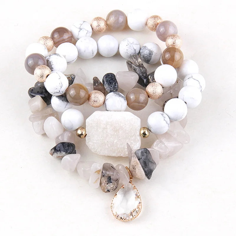 Factory Wholesale Drop Pendant Colorful Rubble Chip Stone Bracelet  Natural Gemstone Square Druzy  3pcs Stack Bracelet Set
