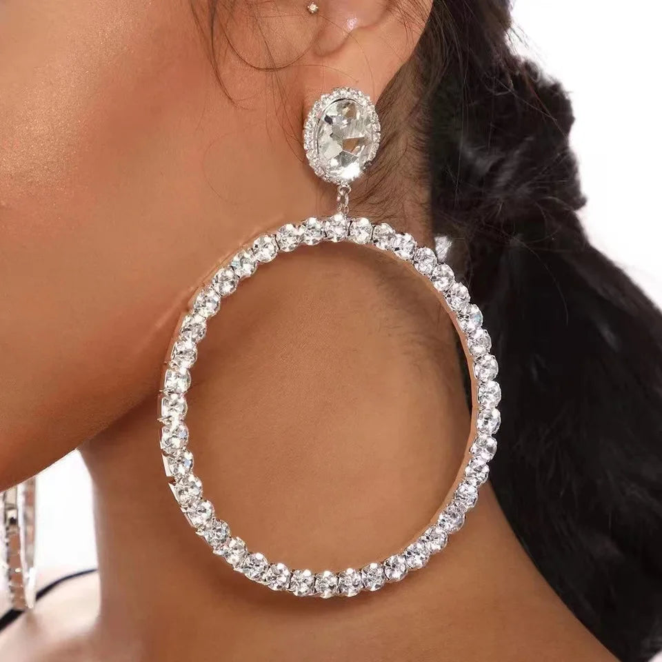 Trendy Women's Gold-Plated Full Diamond Circle Hoop Earrings Big Round Rhinestone Ball-shaped Fashionable Accessories Made Brass