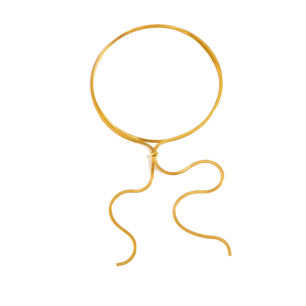 Ins Simple Waterproof 18K Gold Plated Women Herringbone Chain Necklace Flat Stainless Steel Snake Bone Chain Choker Necklace