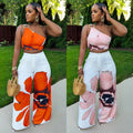 Latest Design Summer Outfits Slim Single Shoulder Printed Top and Wide Leg Pants Two Piece Set for Women