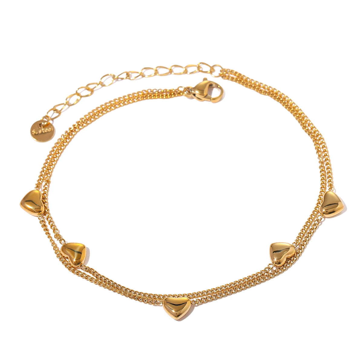 J&D Dainty Gold Plated Stainless Steel Foot Jewelry Double-Layer Heart Charms Snake Anklet  for Girls