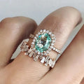 CAOSHI Dainty Oval Green Crystal Geometry Design Cubic Zirconia 2Pcs Set Ring for Engagement Bridal Rose Gold Plated Rings Women