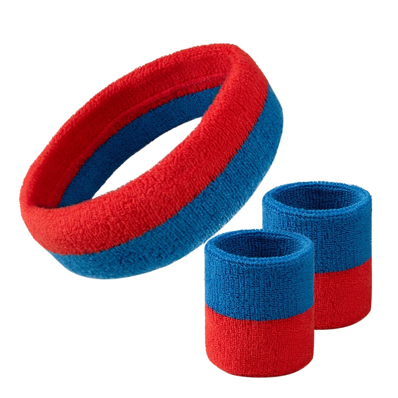 Ready to Ship Two Colors One Headband +two Wristbands  Red Blue Color Sweatband Set Total 3pcs