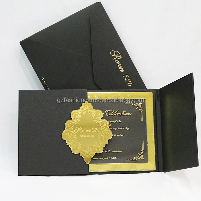 New Arrivals Black Hardcover Clear Acrylic Gold Mirror Acrylic Cards DIY Wedding Invitations Custom Birthday Invitation Cards