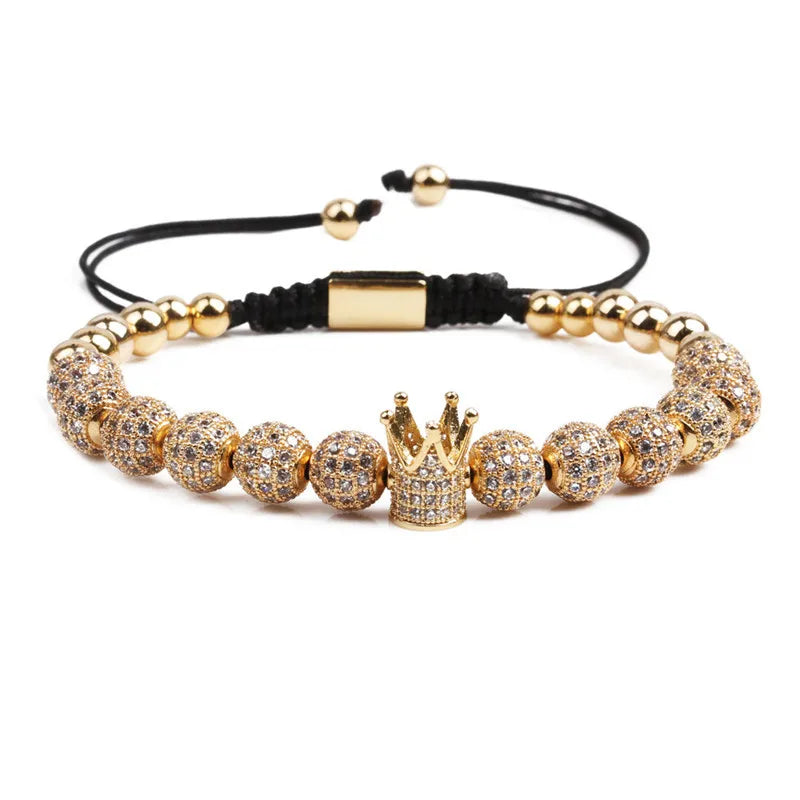 HOVANCI Luxury Custom Hand Jewelry Silver Zircon Crown Bracelet 12pcs 8mm CZ Balls Imperial Crown Charm Braided Macrame Bracelet