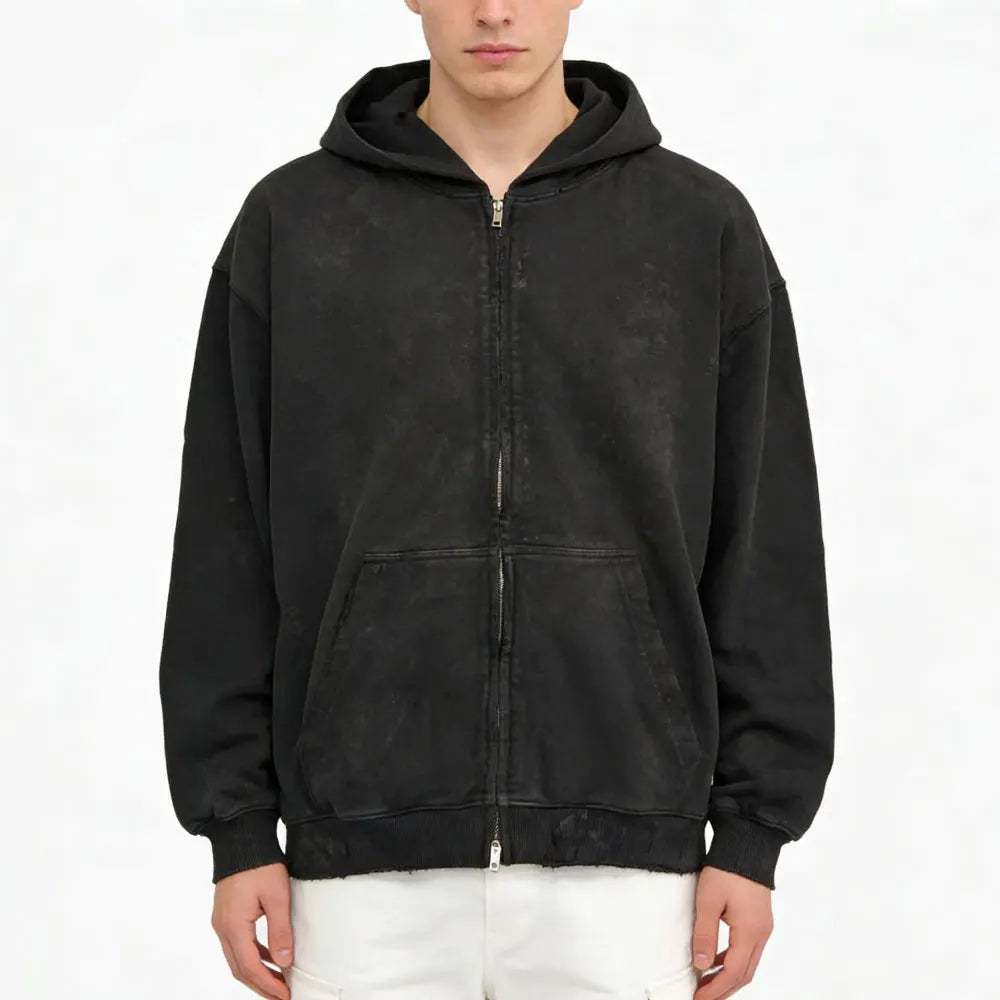 Custom Men's Distressed Jersey Streetwear Full Zip Hoodie Fade Wash Ripped Embroidered Techniques 100% Cotton Digital for Winter