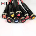 FILN 8mm Flat Head Warning Symbol Black Housing Led Red Yellow White Blue Green 12v Led Indicator Light with 20cm Cable