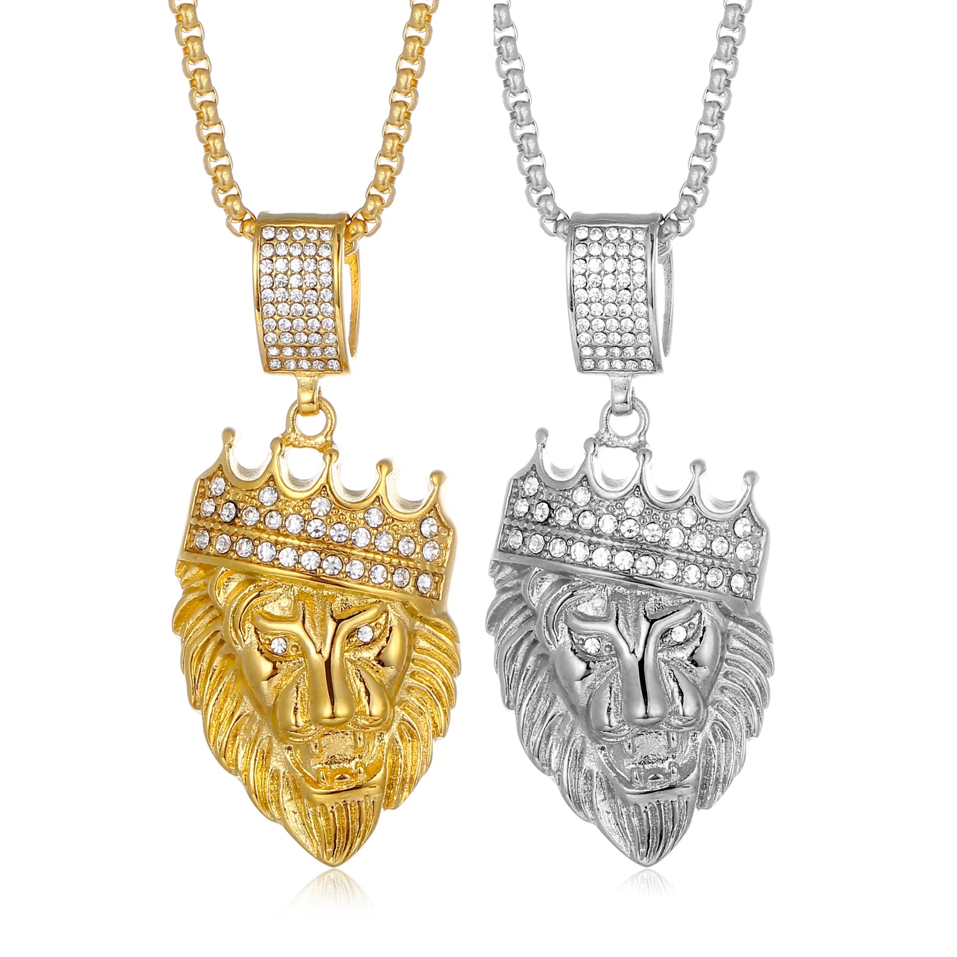 Hip Hop Stainless Steel Crown Necklace for Men Fashion Crystal Lion Head Pendant Beads Chain Classic Style for Anniversary Gift