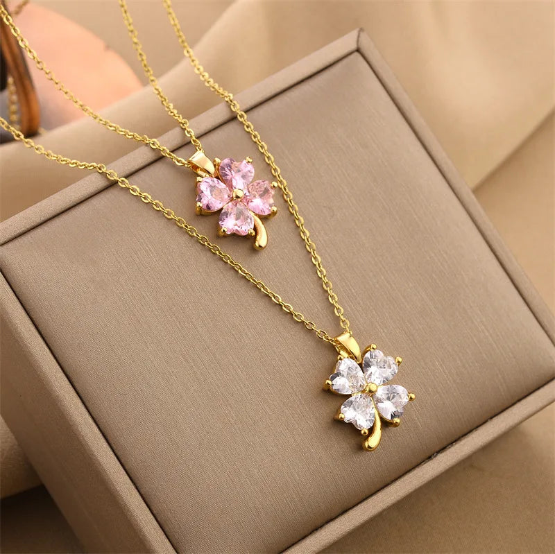 New Arrival Crystal Clover Necklace Shiny Zircon Stainless Steel Lucky Clover Pendant Necklace Women