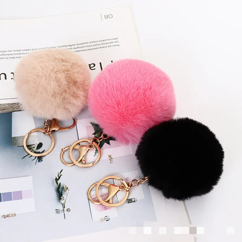 Stainless Steel Rabbit Fur Fuzzy Plush Ball Keychain Soft Cute Pom Pom Key Ring for Women