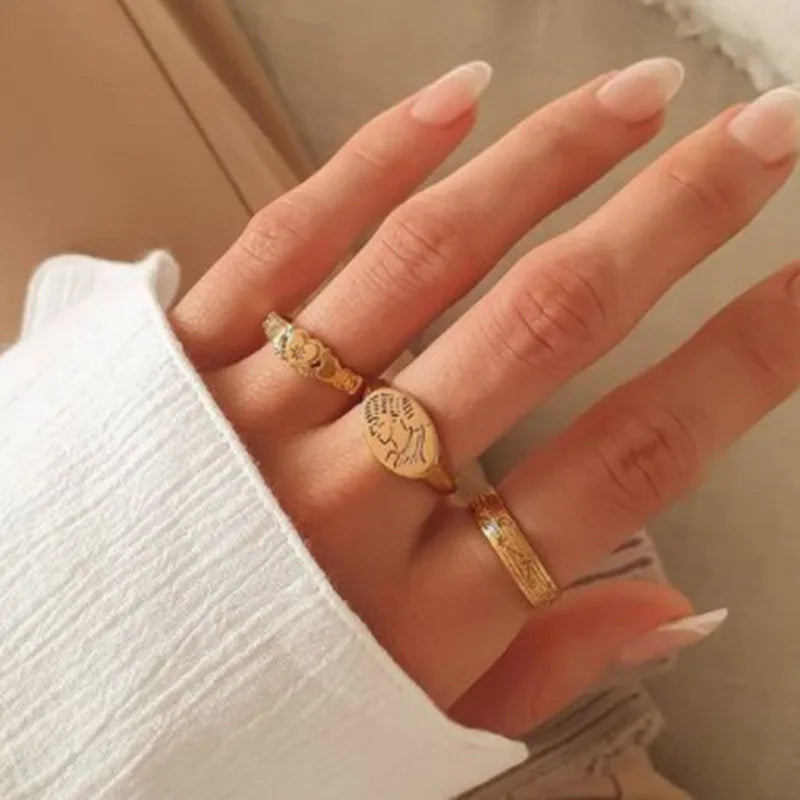 Fenny 18K Gold Plated Wholesale Classic Engraved Men Portrait Oval Seal Stainless Steel Finger Ring Trendy for Women