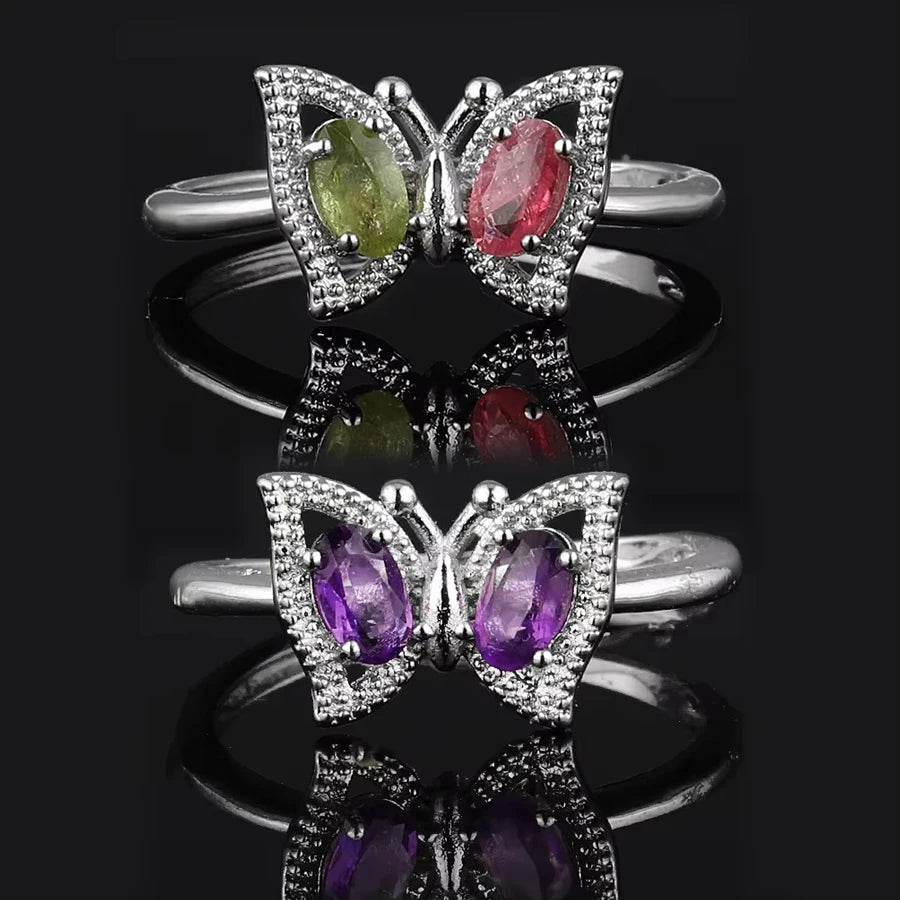 Natural Multicolor butterfly Tourmaline Ring for Women Crystal Quartz Gemstone Adjustable Amethyst Ring Jewelry