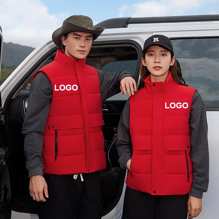 Winter Sleeveless Down Cotton Coats Jacket Company Uniform Workout Fitness Custom Padded Vest Waistcoat With Pockets Men Women