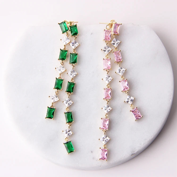 Wholesale Luxury Geometric Long Drop Earrings for Women Girls Gift Engagement Brass Needle Colorful Zircon Fashion Earring