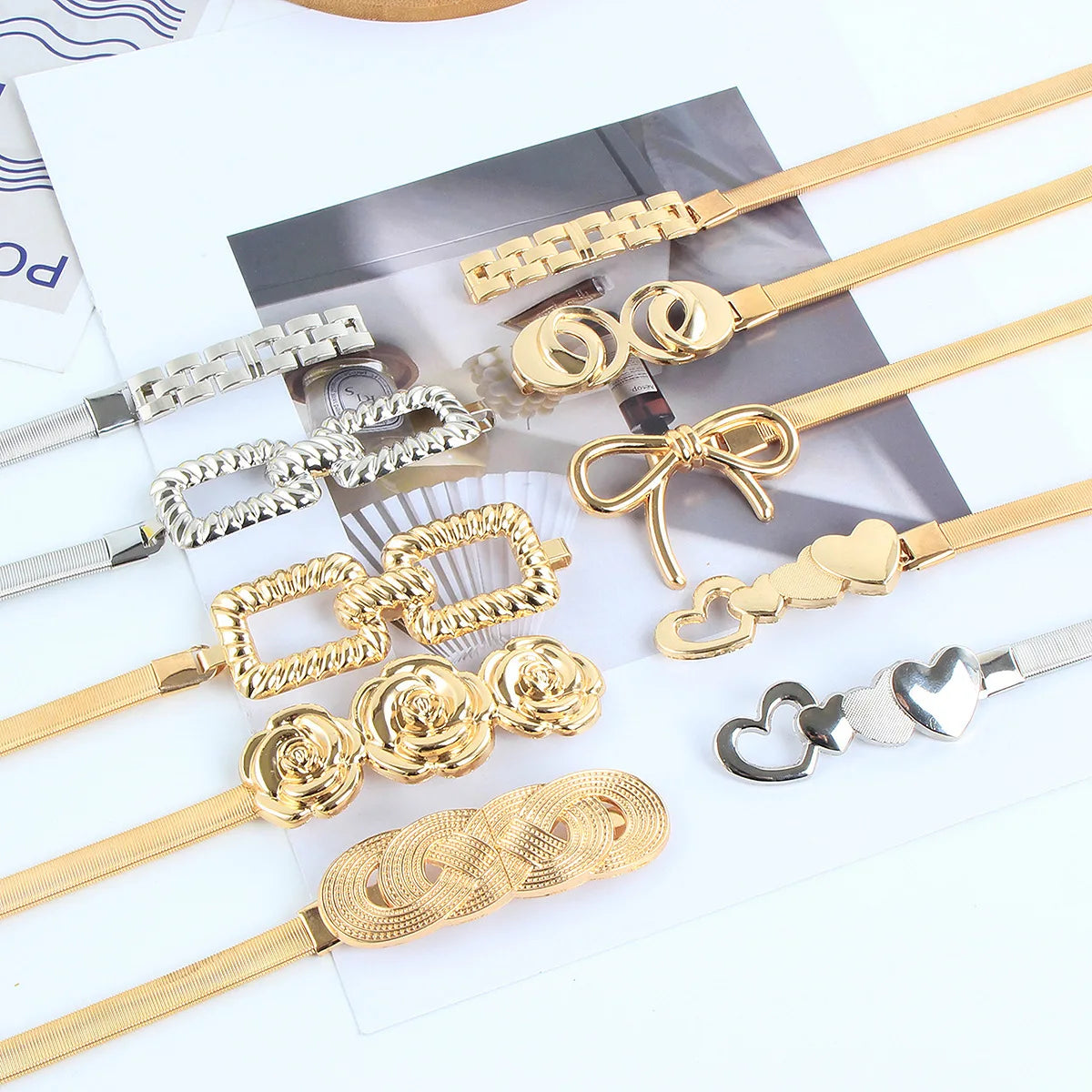 Wholesale Girl Elastic Stretch Waist Belt Flower Leaf Metal Wedding Chain Belt Rose Golden Elastic Cuff Belt Women