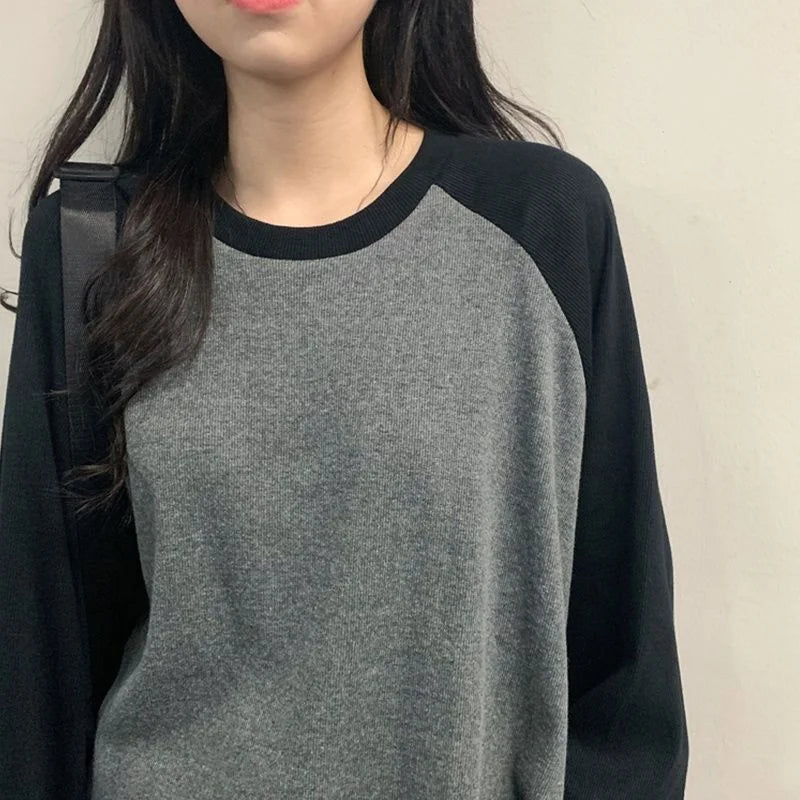 New 2023 Female T-shirt Round Collar Contrast Color Long Sleeve T Shirt Women Spring T-shirts for Women Patchwork T Shirt