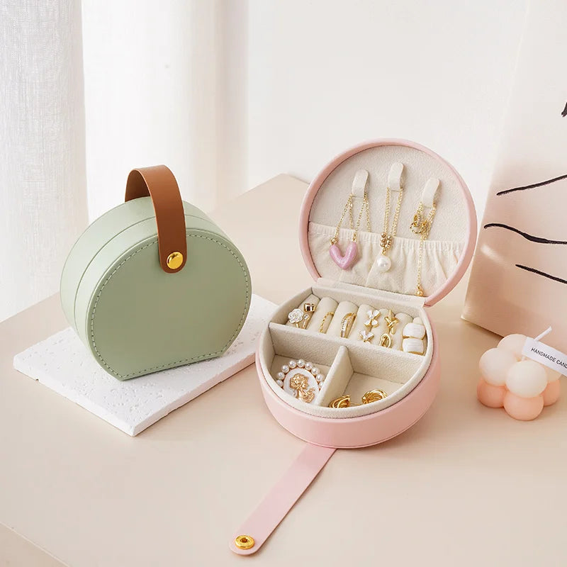 New Style Custom PU Leather  Mini Portable Earring Necklace Ring Travel Jewellery Box Storage Case Bag with Little Handle