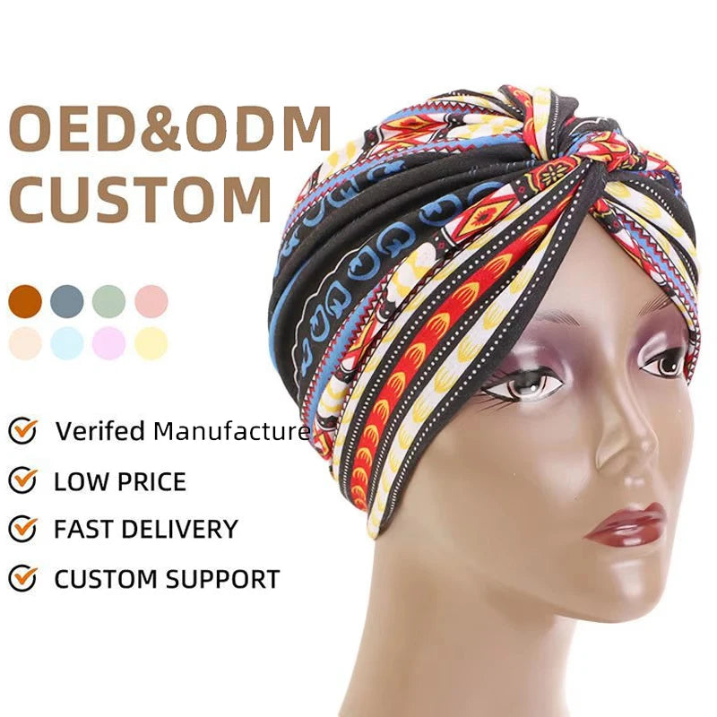 Custom Print African Print Twist Cotton Cross Indian Cap Daily Muslim Turban for Ladies