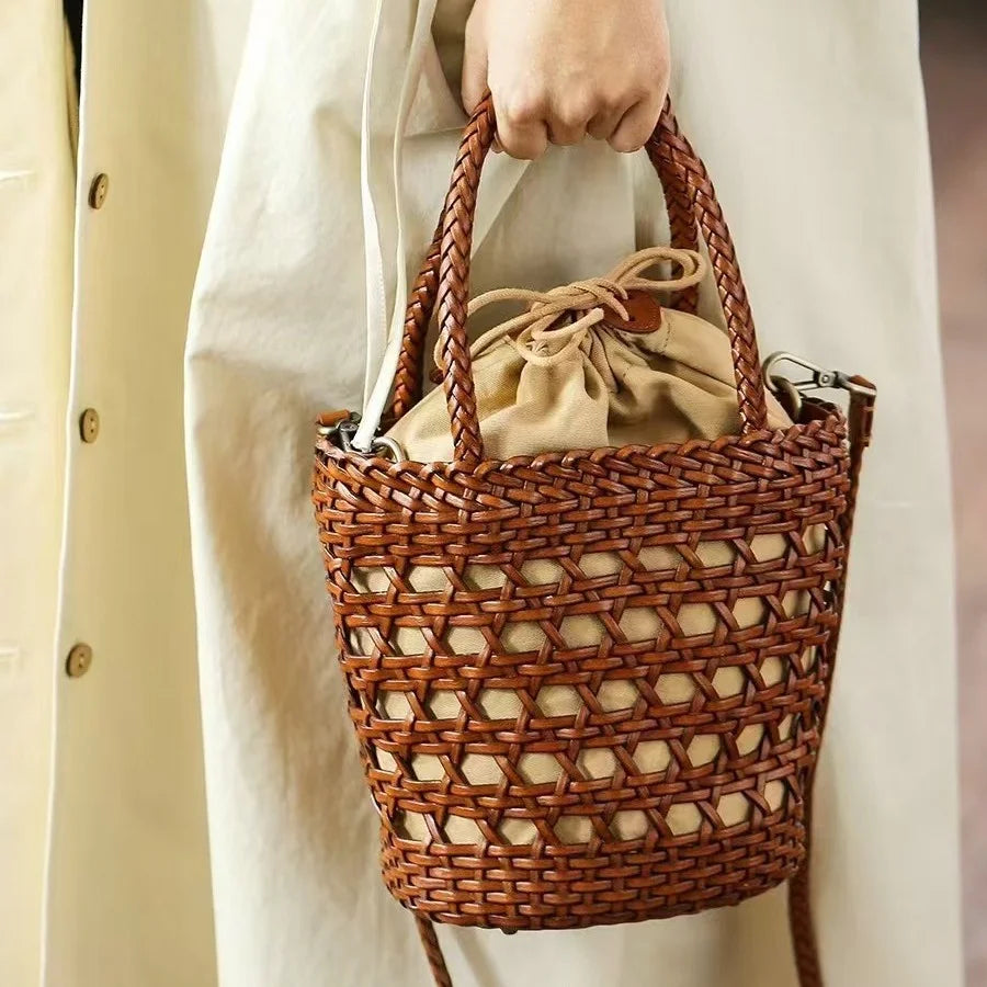 Summer Internet Celebrity Personality Fashion Bag Handmade Woven Genuine Leather Open Durable Waterproof Hollow Vegetable Basket