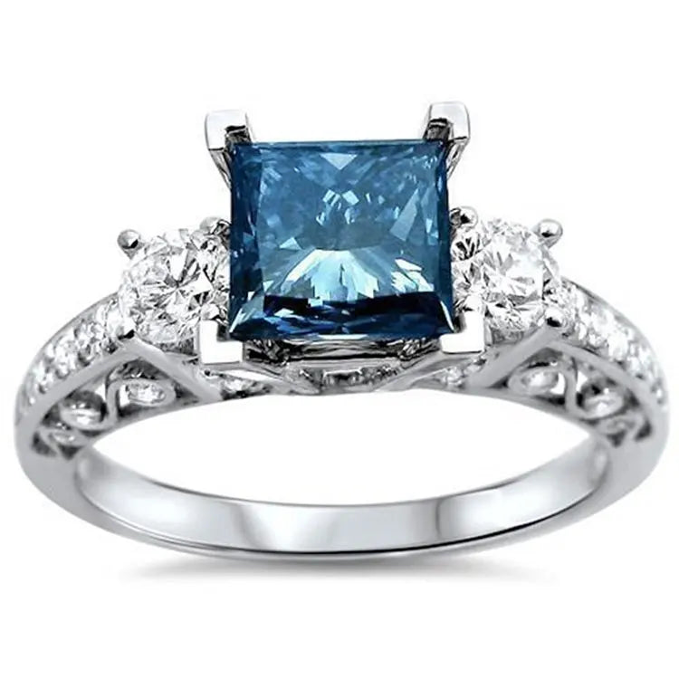Dainty Hollow Silver Knuckle Ring Shiny Blue Zircon Wedding Engagement Rings 8MM Large Square Sapphire Ring for Women